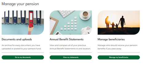 Member Self-Service Manage your pension tiles page screenshot